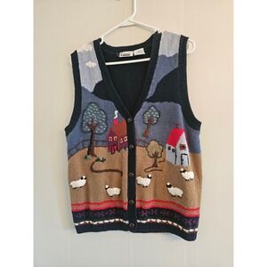 Capacity Vintage 90s Sheep Farm Scene Knit Sweater‎ Vest Blue Brown Medium